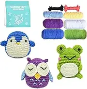 Beginner's Crochet Kit: 3 Adorable Animal Patterns (Owl, Penguin, Frog) with Included Yarn, Hook & Accessories, Plus Easy-to-Follow Video Tutorials for Seamless Learning
