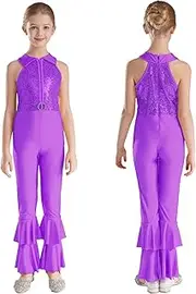 [iiniim] Girls Kids Shiny Sequins Full Body Tank Leotard One Piece Bodysuit Jumpsuit Long Sleeve Catsuit Dance Unitard