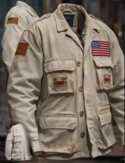 Vintage Beige Military Jacket w/ USA Flag Patches, Distressed Look, Rare Find!