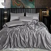 ROOEE Satin Silk Complete Bedding Set - 6 PCS - Fitted sheet, Duvet Cover, 4 Pillow Cases. Color - Silver Size - King