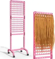 Yumkfoi Adjustable 2-Sided Braiding Hair Rack - 280 Pegs, Standing With Wheels, Pink Separator for Stylists