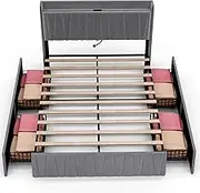 Ufurniture Queen Size Bed Frame, Tufted Headboard & Charging Station and USB Ports,4 Storage Drawers,Upholstered Platform Bed with Wood Mattress Base Support, No Box Spring Needed (Grey, Queen)