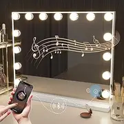 Hansong Large Bluetooth Hollywood Mirror Vanity Makeup with Lights,Hollywood Lighted Mirror with 3 Color Lighting Modes Tabletop & Wall Mounted, 15 Dimmable Bulbs, USB Port and Smart Touch Control