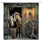 PZMPZM Western Horse Shower Curtain Rustic Barn Door Farmhouse Cowboy Animal Green Leaves Country Vintage Wheel Bathroom Curtains Polyester Fabric Set with Hooks 70Wx70H Inch