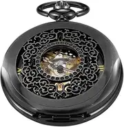 [Tiong] Black+Brown+Silver Design Mechanical Pocket Watch, Men's FOB Chain Roman Digital Steampunk Mechanical Pocket Watch for Men