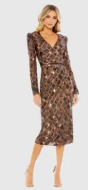 MAC DUGGAL 5472 GEO EMBELLISHED MIDI CHOCOLATE DRESS sz 8