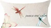 [NIDITW] Lotus Pattern Dragonfly Peace and Calm Cotton Burlap Decorative Rectangle Throw Lumbar Waist Pillow Case Cushion Cover for Couch Living Room 12X20 inches