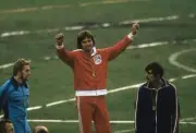 Olympics USA Bruce Jenner victorious on medal stand after winning - Old Photo 1
