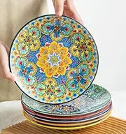 Ceramic Dinner Plates, 8.5 Inch Small Salad Dessert Plate Set of 6, Colorful Bohemian Plates for Appetizers, Snacks, Fruit, Small Plate Set for Kitchen & Restaurant, Microwave, Oven and Dishware Safe