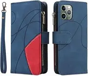 LEMORRY Case for iPhone 11 Pro, Zipper Wallet Case with 9 Card Slots & Money Pocket Cover Pouch, Media Stand & Hand Strap Flip Leather Phone Case for iPhone 11 Pro, Blue