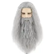 Mens Wigs and Beard Long Gray Cosplay Wig