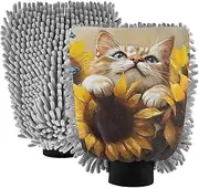 XYMZR Absorbent Microfiber Car Wash Mitt British Shorthair Cat Sunflower, Funny Cute Anime Scratch Free for Cars Cleaning, Home Cleaning Mitts, 2 Pack, 10.24” L x 7.09” W