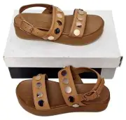 KURT GEIGER Makenna Ladies Tan Leather Wedged Studded Strappy Shoes EU 36 UK 3