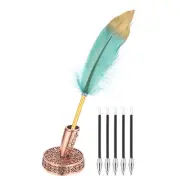 Dark Green Feather Ballpoint Pens, Writing Pens with 5pcs Refill, Red Bronze