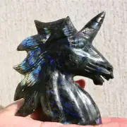 490g Natural labradorite Unicorn Carved Reiki Quartz Crystal Skull Figurines Cry