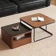 EKDJSN Nesting Table Set, Brown Coffee Tables with Two Large Storage Drawers, Open Storage Design, Retractable Coffee Table Design, No Assembly Required
