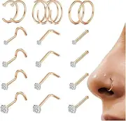 [Sanfenly] 18Pcs Nose Rings Studs - 316L Surgical Steel Gold Nose Studs Double Hoop Nose Ring for Women Men 18G/20G Nose Rings Stud Hypoallergenic Nose/Body Piercing Jewelry 1.5mm 2mm 2.5mm 3mm CZ