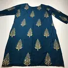 Chandrakala Tunic Top Womens Size 46 Teal w/ Gold Leaf Print Indian Ethnic NWT