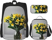 3pcs Backpack Sets, Bouquet Of Daffodils Printed Backpacks Set With Lunch Bag Pencil Pouch