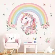 wondever Large Rainbow Wall Decals Unicorn Flower Peel and Stick Wall Art Stickers for Girls Bedroom Kids Room Baby Nursery