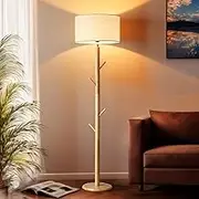 Krear Floor Lamp with Clothes Rack, Multi-Purpose Standing Wooden Floor Lamp with 4 Hooks & Foot Switch, Tall Pole LED Lamp for Living Room Bedroom Office Natural & Linen