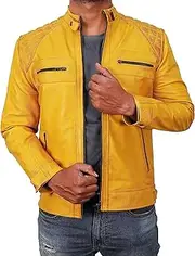 [KAAZEE] Mens Cafe Racer Motorcycle Yellow Leather Jacket Mens Quilted Vintage Retro Biker Jacket, X-Small