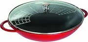 [STAUB] 40509-898-0 Cast Iron Wok, Including Glass Lid and Removable Grid Insert, Suitable for Induction, Ø 37 cm, 5.7 L, Cherry Red