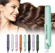 2 in1 Mini Dual Purpose Curling Wand Flat Iron, Portable Hair Straightener Travel Curling Tool for All Hair Types. (Light Green)