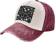 [YANYU] Black and White Floral Print Print Fashion Washed Distressed Baseball Cap Vintage Adjustable Hat with Classic Brim, Dark Red, One Size