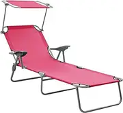 Sun Lounger, Outdoor Sun Lounge Patio Chaise Lounge Reclining Chair Recliner Chair Sun Lounger with Canopy Steel Pink