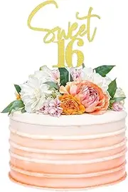 16th Birthday Cake Topper Sweet 16 Cake Topper Gold 16 th Glitter Cake Topper Sweet Teenager Birthday Cake Pick, 16 Years Old Topper for Cake, Happy Sweet 16 Party Decoration Supplies