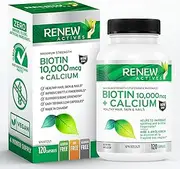 RENEW ACTIVES Biotin & Calcium 10000MCG per Serving – Supplements for Hair, Nail & Skin Care – Promotes Bone & Teeth Health – Helps Prevent Biotin Deficiency - Made in Canada – 120 Capsules