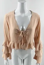 Very J Cropped Top Size Medium Blush Pink Ruffle Sleeve Tie Front Womens NEW