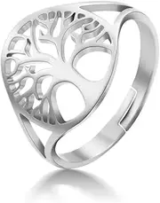 [Generic] Stainless Steel High Polished Tree of Life Rings Hollow Out Design Round Signet Adjustable Open Bands Christmas Wedding Anniversary Jewelry for Men and Women Size 8