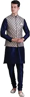 [Ethluxis] Kurta Mens Silk Blend Pyjama Set with Bundi Nehru Jacket Vest Navy