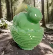 Mosser Glass Jadeite Green Easter Bunny Rabbit Candy Trinket Box Covered Dish