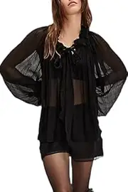[YANGCHA] Ruffle Lace Sheer Tie Front Peplum Tops Flowy Boho Long Sleeve Y2k Babydoll Tops Women Sexy V Neck Going Out Blouses