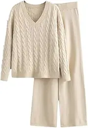 [HEYDHSDC] Women‘S Solid Twisted Thick Sweater Two Pieces Suits Loose Warm Top Wide Legs Long Pants Casual Knitted Sets