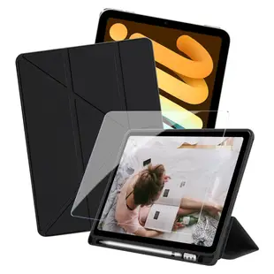 CITY 城市風 For iPad mini6 (2021)專用 經典磁吸休眠可三折Y折立架皮套-黑+專用版9H鋼化玻璃保護貼