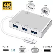 Type C to HDMI 4K 3x USB 3.0 HUB VGA Video Adapter 4Kx2K For Apple Macbook to TV