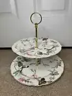 New Grace Teaware Spring Floral Bird Scalloped Gold Rim 2-Tier Serving Plate