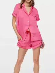 NEW PETER ALEXANDER HOT PINK POLY SATIN TOP + SHORTS PJ SET LARGE RRP$129 BOXED