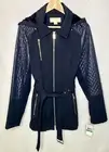 Michael Kors Jacket Blue Size Large Hooded Overcoat Full Zip Lined MK Rain Coat