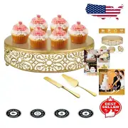 Classic Round Gold Dessert Stand - 14-Inch Display with Cake Knife & Server Set