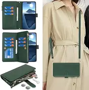 Cavor for iPhone 16 Case 6.1 inch PU Leather Folio Flip Wallet Back Cover Magnetic Case with Long Shoulder Lanyard Zipper Coin Purse 9 Card Holder Kickstand Wristlet Strap-Green