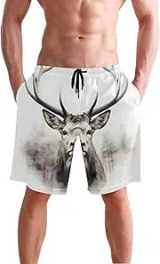 [XYMZR] Men's Swim Trunks Grey Elk Forest White Quick-Dry Bathing Suit Swimming Board Shorts S