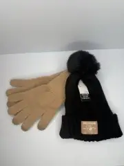 True Religion Beanie And Gloves Set One Size Black Tan Pom Logo Patch NEW$69