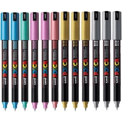 NEW Uni Posca Coloured Metallic Markers 1mm Assorted Colours Box 12 PC-1MR
