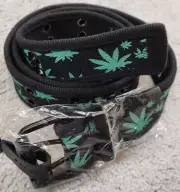 Marihuana Leaf Belt Unisex 2 Hole Grommet Web Canvas Black Medium