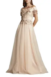 [TADASHI] SEQUIN FRINGE TULLE GOWN US 12 Peach
